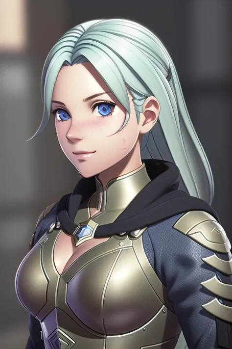 a woman with blue eyes and a gold armor outfit