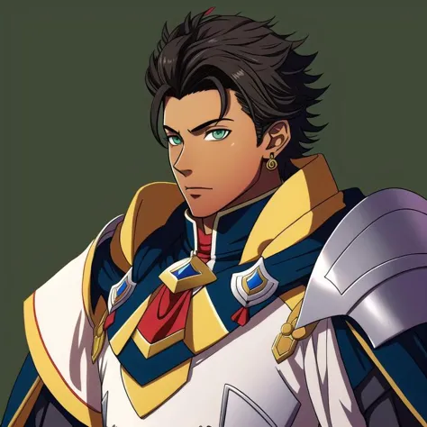 FE16, FE16-Style, Fire Emblem, Fire Emblem Three Houses, Fire Emblem Warriors Three Hopes, Angry, Older, Claude (Fire Emblem), Claude (Fire Emblem: Three Houses), Claude (Fire Emblem: Three Hopes), 1boy, male focus, claude von riegan, solo, green eyes, armor, jewelry, earrings, dark-skinned male, dark skin, upper body, green background, simple background, black hair, brown hair, shoulder armor, looking at viewer, ascot, cape