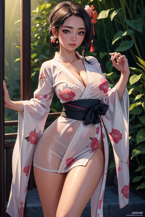 (masterpiece, best quality, hires, high resolution:1.2, 4k, 8k , high quality), extremely detailed, realistic, intricate details, highres, 1girl, solo, (large breasts, thick thighs, wide hips), arched back,(cinematic lighting, sunlight, perfect lighting, b...