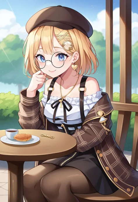 score_9, score_6_up, source_anime, cafe, outdoors, plant, sitting, table BREAK 1girl, solo, amelia_casual, bob cut, white shirt, off-shoulder shirt, frills, suspenders, black skirt, zipper pull tab, pantyhose, brown jacket, plaid jacket, black headwear, round eyewear, monocle hair ornament, heart earrings, key necklace, light smile <lora:watson_amelia_sdxl_pony-000009:1>