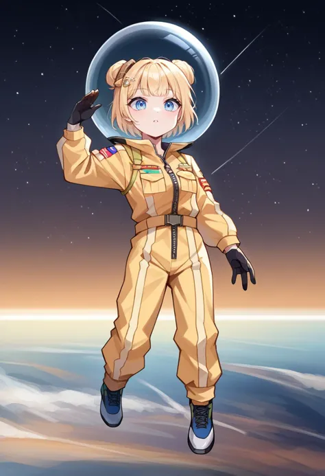 score_9, score_6_up, source_anime, space, floating, full body, amelia_astro, double bun, short hair, hair ornament, yellow jumps...