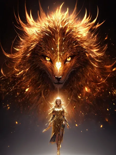 a woman walking in front of a lion with fire coming out of her face