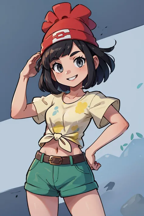 ((masterpiece,best quality)), absurdres,  <lora:selene_(pokemon)_v1:0.7>,  selene \(pokemon\), solo, grey eyes, black hair, green shorts, red headwear, beanie, shirt, tied shirt, floral print, short hair, short sleeves, short shorts, striped, yellow shirt, belt, midriff,  solo, smiling, looking at viewer, cowboy shot,  cinematic composition, dynamic pose, contrapposto,