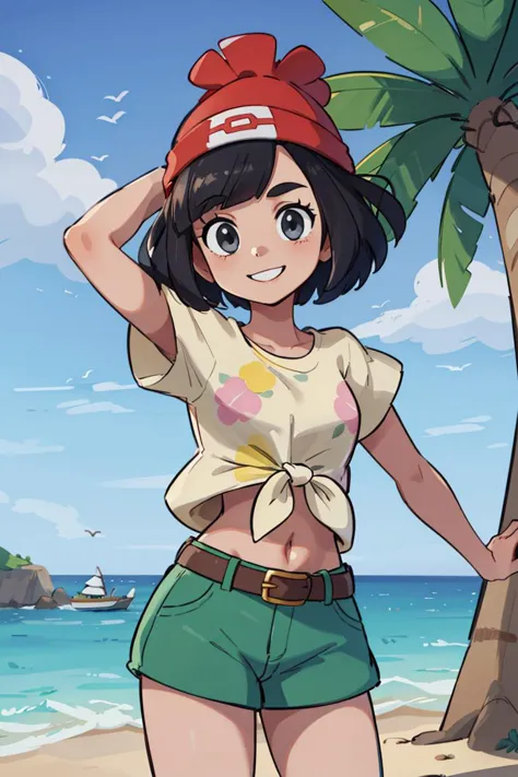 a woman in a red hat and green shorts standing on a beach