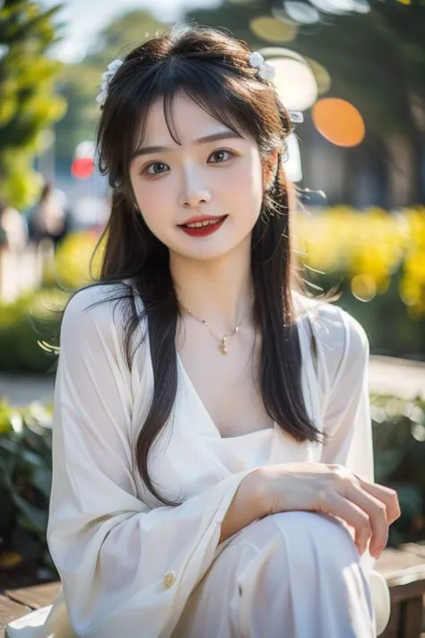 a woman sitting on a bench with a white shirt and red lipstick