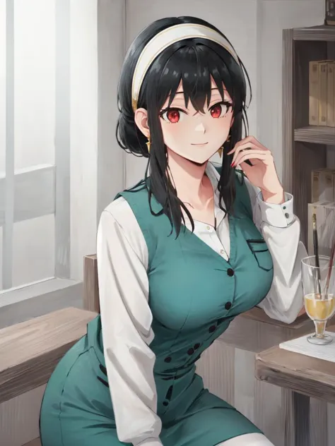 yor briar, <lora:yor:0.7:NP> 1girl,  black hair sideburns updo red eyes, medium breasts, bangs, gold earrings smile :>  white op...