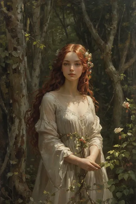 OIL PAINTING,IMPRESSIONISM,medium full view, amidst the ancient woodland, the image captures the ethereal beauty of a young drya...
