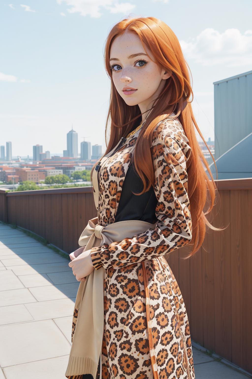 A close up of a woman with long red hair wearing a leopard print coat -  SeaArt AI