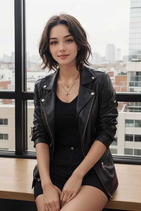 a woman sitting on a window sill in a black dress