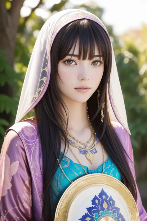 a woman in a purple dress holding a plate with a gold frame