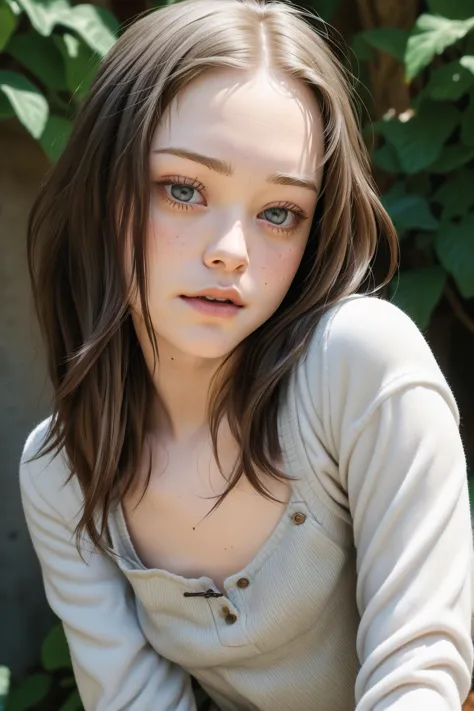 a close up of a woman with long hair and a sweater