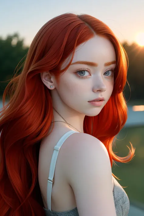 a close up of a woman with red hair and a necklace