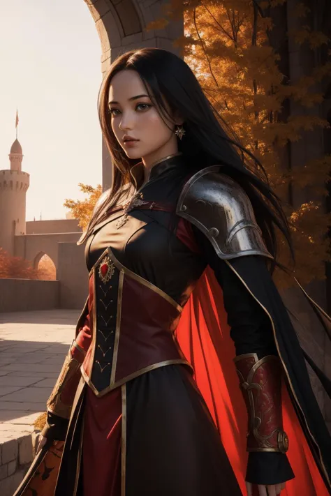 a woman in a red and black outfit standing in front of a castle