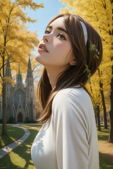 a woman in a white shirt standing in front of a castle