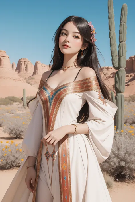 a woman in a white dress standing in front of a cactus