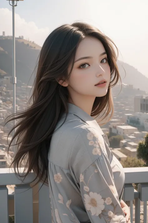 a woman with long hair standing on a balcony looking at the camera