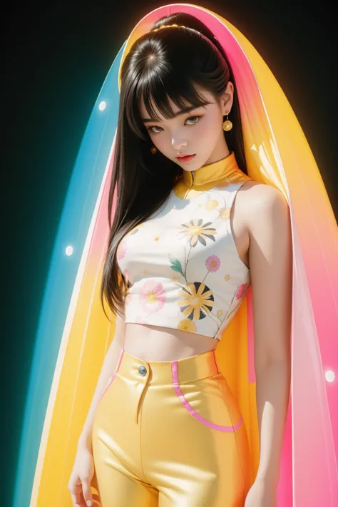 a close up of a woman in a yellow outfit posing for a picture