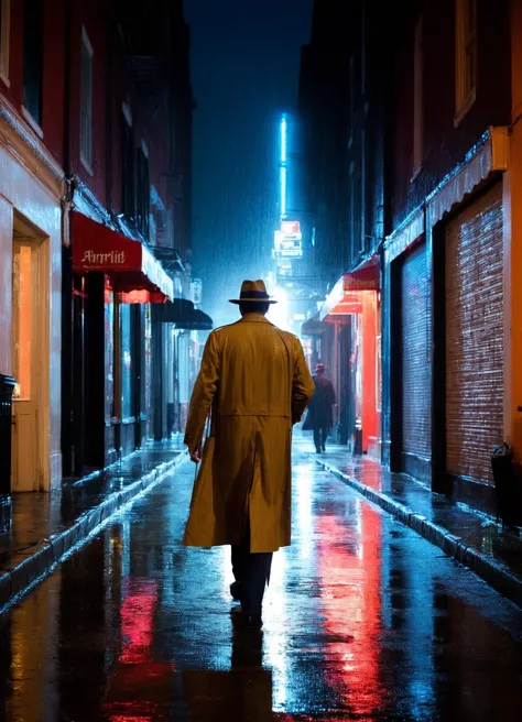 arafed man in a yellow coat walking down a wet street