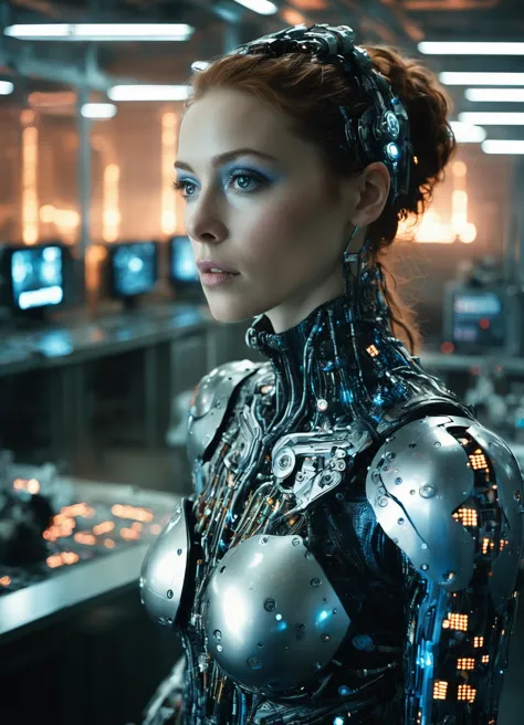 a woman in a futuristic suit standing in a room