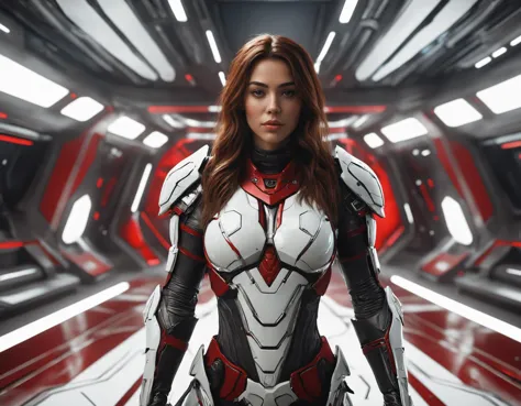 a female cyborg with long brown hair wearing white and red armor standing in the bridge of an alien spaceship, rendered in unrea...