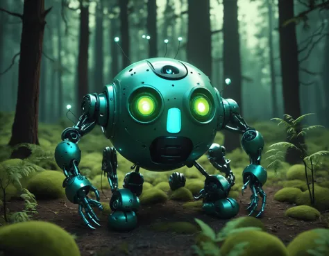 A cute robot with many glowing lights is crawling in the forest, rendered in the style of cinema4d, with a bluegreen color scheme, matte texture, and a dark green background. The robot has multiple arms, each holding several light bulbs, and its body resembles an iron ball. It appears very mysterious against the backdrop of dense forests