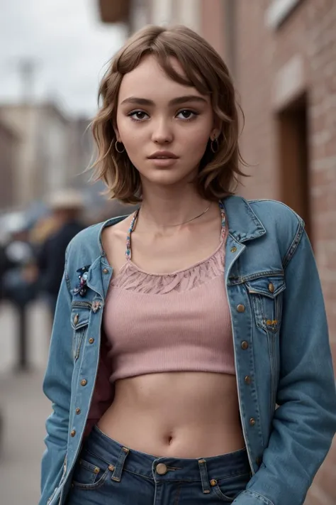 a woman in a pink top and denim jacket standing on a sidewalk