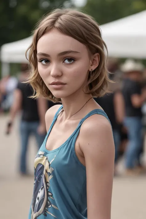 a woman with a blue tank top and a necklace on