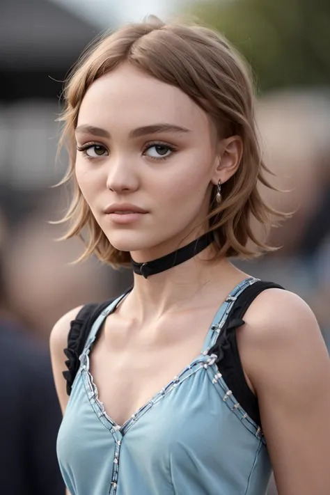 a woman with a blue top and black choker posing for a picture