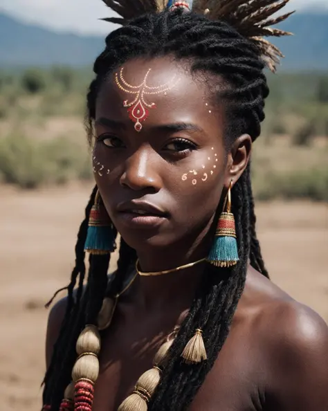 African Tribal village theme, 1girl, ethnic zulu warrior princess, deep black skin, kanzu outfit, traditional voodoo face paint, natural hair, african neck rings, broad african village background, detailed tribal tattoos, wild natural portrait photography, The composition should be bathed in the hot, desertic peak of day, with a gentle depth of field and soft bokeh that capture the ritualistic essence of african tribes. Capture the image as if it were taken on an old-school 35mm film for added charm. film portrait photography, 35mm film, filmg, <lora:AddDetail:0.6>, <lora:FilmG3:0.7>, <lora:LowRA:0.25>