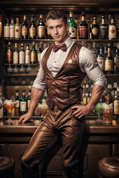 arafed man in a leather vest and bow tie standing in front of a bar