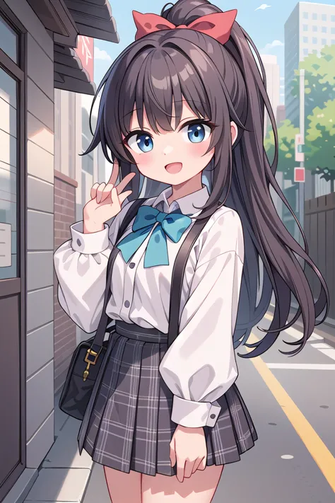 insanely detailed, absurdres, ultra-highres, ultra-detailed, best quality,
1girl, solo, nice hands, perfect hands
BREAK
jirai kei,plaid skirt, shirt, long sleeves, bow, blue skirt, white shoulder frilly shirt, outdoors, blue bow, long hair
, (cleavage:-1.5)
BREAK
happy smile, laugh, open mouth
BREAK
45 angle,
standing, cowboy shot, looking at viewer
BREAK
slender, kawaii, perfect symmetrical face, ultra cute girl, ultra cute face, ultra detailed eyes, ultra detailed hair, ultra cute, ultra beautiful
BREAK
in japanese street, cityscape in japan, depth of field, ultra detailed background
BREAK
large breasts
BREAK
black hair, black eyes, ponytail,