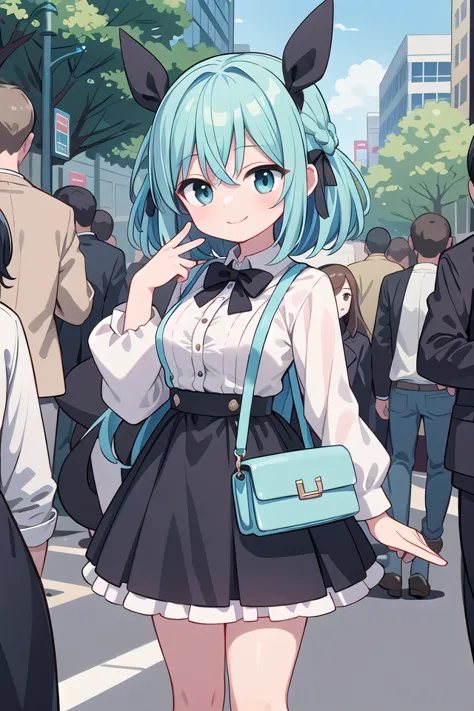 anime girl with blue hair and black dress in a crowded street