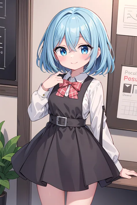 anime girl with blue hair and black dress posing in front of a desk