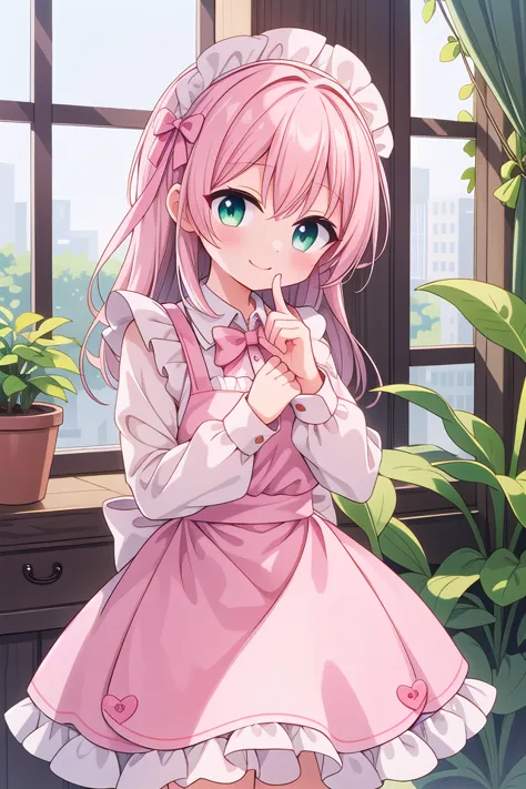 insanely detailed, absurdres, ultra-highres, ultra-detailed, best quality,
1girl, solo, nice hands, perfect hands,
BREAK
apron, blush, bow, bowtie, frilled apron, frills, long sleeves, maid, maid apron, maid headdress, waist apron, white apron
BREAK
smile, closed mouth
BREAK
finger to mouth, index finger raised, shushing, cowboy shot, looking at viewer,
BREAK
slender, kawaii, perfect symmetrical face, ultra cute girl, ultra cute face, ultra detailed eyes, ultra detailed hair, ultra cute, ultra beautiful,
BREAK
day, flower, ivy, leaf, indoors, open door, plant, potted plant, vines, window,
BREAK
white (pink:1.2) hair, green eyes, long hair, medium breasts, bangs, eyebrows visible through hair,