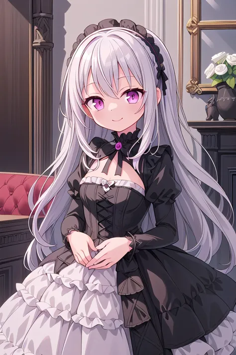 anime girl in a black and white dress with long white hair