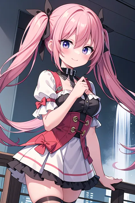 anime girl with pink hair and a red vest holding a cell phone