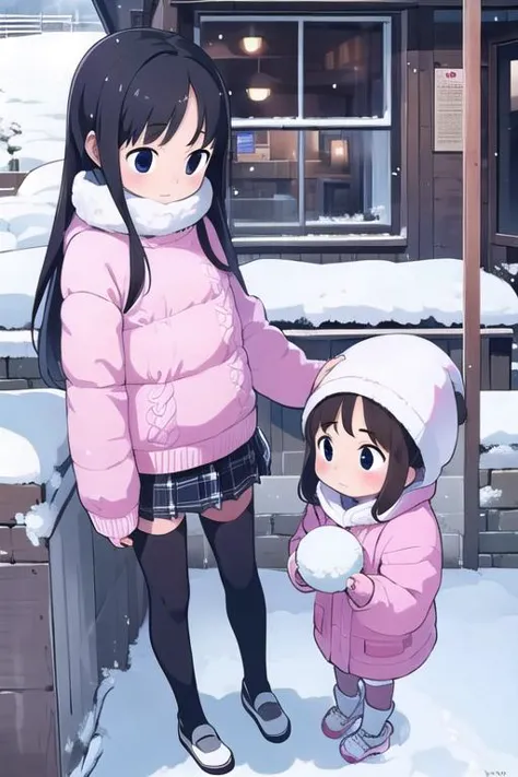 masterpiece,best qualitiy,high detail,3girl,petite,<lora:takamichi-style-v1_1:0.7>takamichi style, girl,sweater,winter,snow,town,comic,snowball fight