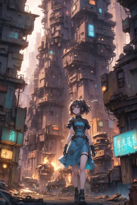 junkworld, anime style, 1girl, woman, beautiful, cheerful,ghostly fantasy city beyond the beginning of reality