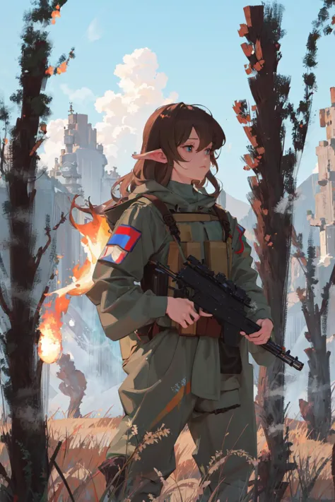 1girl, masterpiece, elf, cowboy shot,  abbystea,  <lora:abbystea:1>,  <lora:militarytyan:1>, militaryru,  forest, brown hair, russian flag, explosion, running, fire,