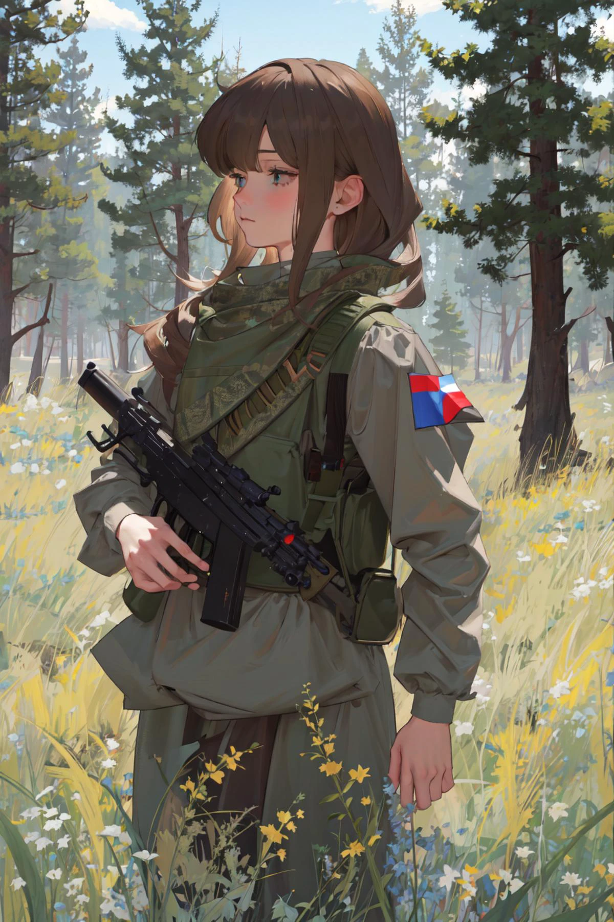 1 девушка, шедевр, эльф, ковбойский выстрел,  Аббистеа,  военныеру,  лес, коричневые волосы, Российский флаг, взрыв,