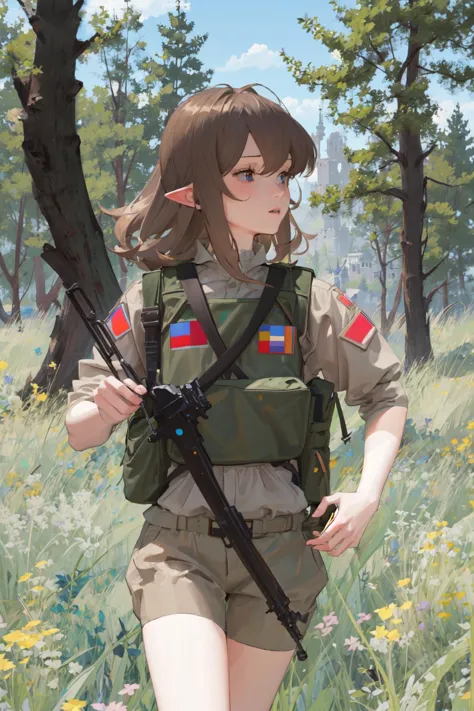 1girl, masterpiece, elf, cowboy shot,  abbystea,  <lora:abbystea:1>,  <lora:militarytyan:1>, militaryru,  forest, brown hair, russian flag, explosion, running,