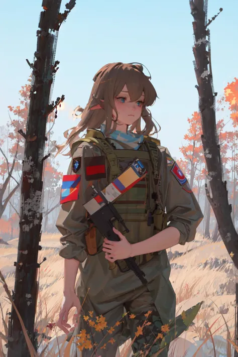 1girl, masterpiece, elf, cowboy shot,  abbystea,  <lora:abbystea:1>,  <lora:militarytyan:1>, militaryru,  forest, brown hair, ru...