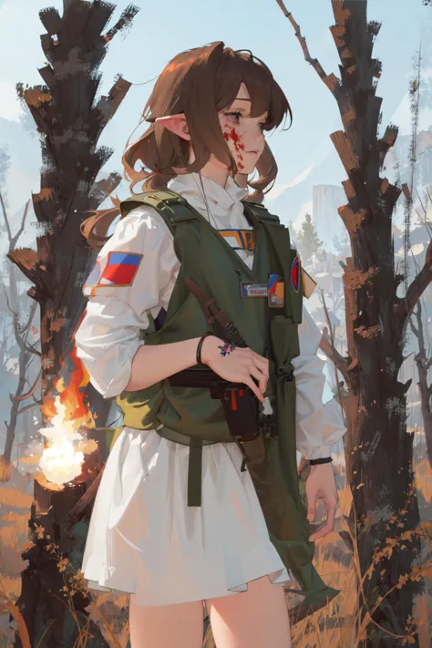 1girl, masterpiece, elf, cowboy shot,  abbystea,  <lora:abbystea:1>,  <lora:militarytyan:1>, militaryru,  forest, brown hair, ru...