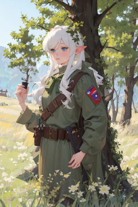 1girl, masterpiece, elf, cowboy shot,  abbystea,  militaryru,  forest,