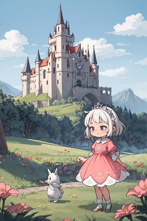 anime girl in pink dress standing in front of a castle