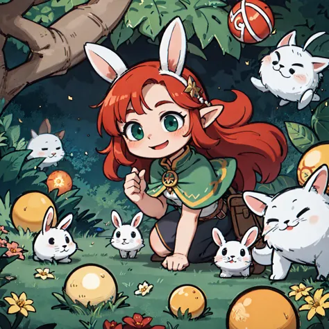 a cartoon image of a girl surrounded by rabbits and oranges