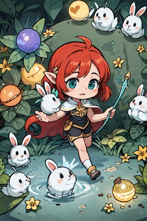 a cartoon girl with red hair and a red cape holding a wand in a forest