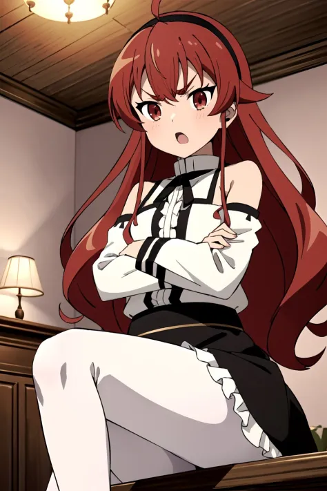 (masterpiece:1.4), (best quality:1.4), (((pixel-perfect, detail-perfect))), 1girl, solo, eris boreas greyrat, red hair, long hair, hair between eyes, thick eyebrows, ahoge, black hairband, red eyes, small breasts, white jacket, bare shoulders, long sleeves, wide sleeves, black ribbon, black long skirt, frilled skirt, petticoat, white pantyhose, black mary janes, crossed arms, tsundere, annoyed, open mouth, (indoors, greyrat castle, living room:1.35), (detailed:1.3), flat, flat colors, 2D, (anime:1.3),  <lora:Eris Boreas Greyrat (Mushoku Tensei):0.7>