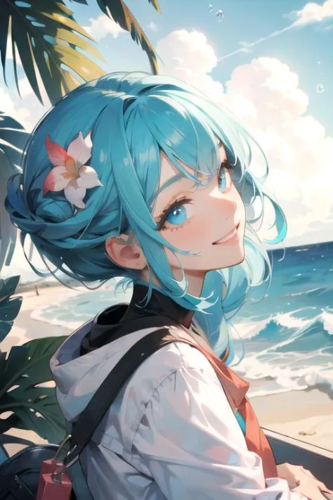 masterpiece, best quality, 1girl , cute,  finely detailed eyes, intricate details, casual clothes, Beach, palm tree, smile, dutch angle, from side, wavy cyan colorful hair, colorful bubbles,