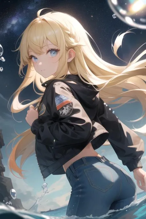 masterpiece, best quality, 1girl, face closeup, dynamic angle, looking back, denim jacket, blonde hair,  muscular, bubble, Refle...